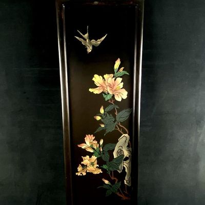 Vintage Chinese Signed Black Lacquer Hand Painted Carved Bird Wall Panel #3