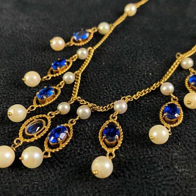 Vintage 14K Gold Sapphire & Pearl Chandelier Necklace