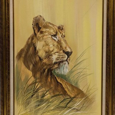 Framed Original Oil On Canvas Lioness