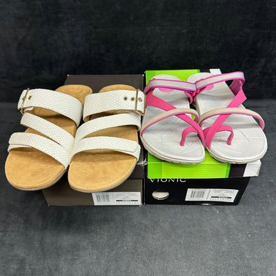 Vionic Women’s Sandals Lot 2 Pairs White Strappy Slide and Pink Gray Active Sandal