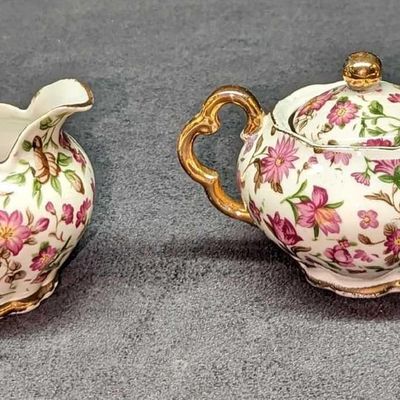 Vintage Porcelain Floral Sugar Bowl & Creamer