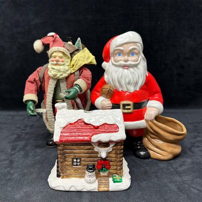 Christmas Santa Figurines and Holiday Cabin Tealight Holder
