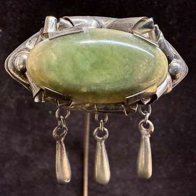 Green Calcite Cabochon Silver Brooch Silverwork Dangle