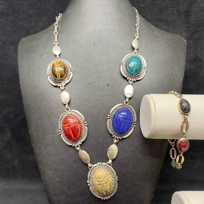 Scarab Beetle Egyptian Hieroglyphs Gemstone Sterling Silver Bracelet and Necklace Set Ten Gemstones