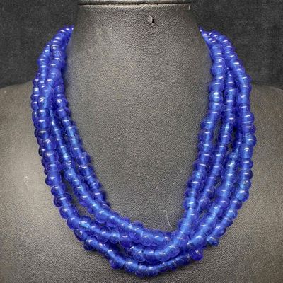 Clear Dark Blue Crystal Glass Round Beaded Large Long Necklace I46