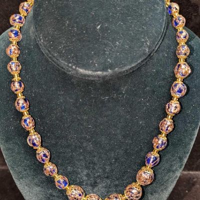 Vintage Italian Murano Cobalt And Gold Color Art Glass Bead Necklace N.