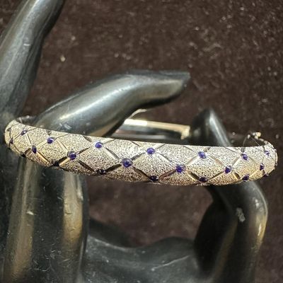Blue Enamel Polka Dot Textured 14K White Gold Bangle Bracelet N71