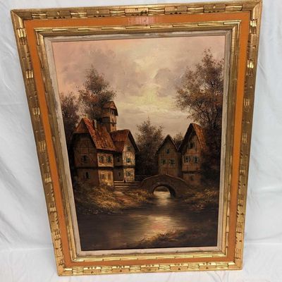 Framed Marineri Original Oil On Canvas Village & Bridge