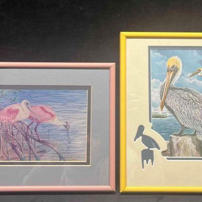 Two Framed Prints Pelican By James Harris & Flamingos By Debbie Hardy