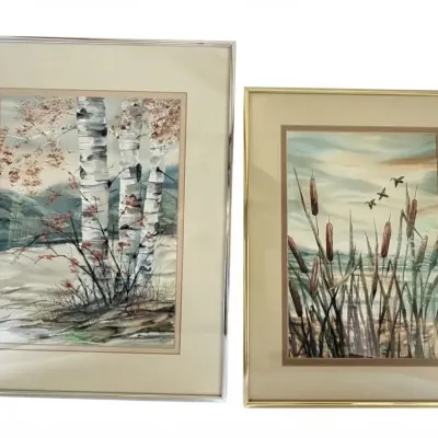 Framed Nature Landscape Watercolor Painting Pair with Birch Trees and Cattails