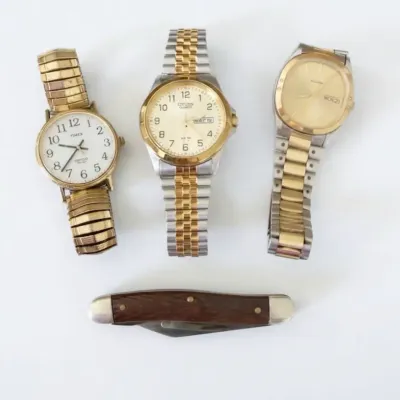 Seiko, Citizen, and Timex Watch Gold and Silver Tone Bands Pocket Knife