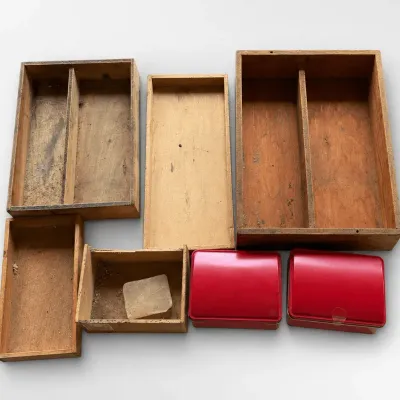 Divided Wooden Organizer Trays and Red Metal Storage Boxes