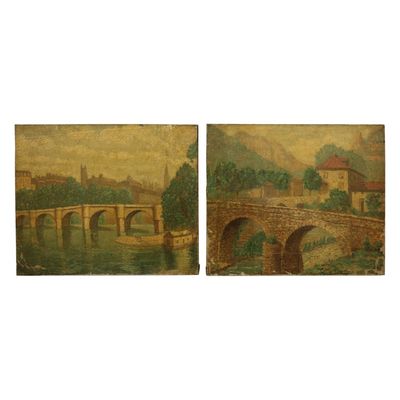 Pair of Antique European Bridge Oil Paintings