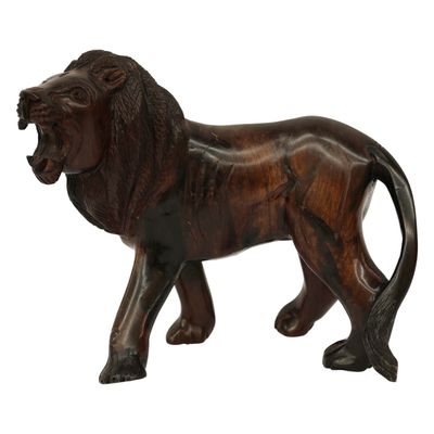 Hand-Carved Hardwood Roaring Lion Sculpture