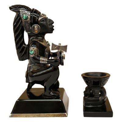Mexican Obsidian Sterling Aztec Fire God Sculpture