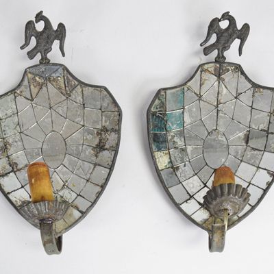 Pair of Federal Style Leaded Mirror and Metal Wall Sconces