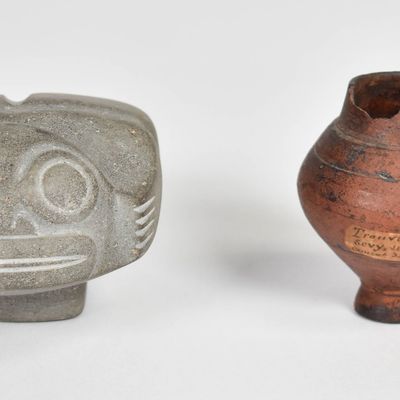 Marquesan Carved Volcanic Stone Tiki and Terracotta Pedestal Vessel