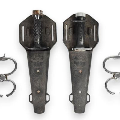 2 Vintage Scuba Diving Knives and 2 Pairs of Hiatt Handcuffs