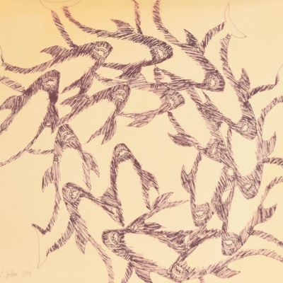 David L. Joslyn Pen and Ink Drawing Sharks