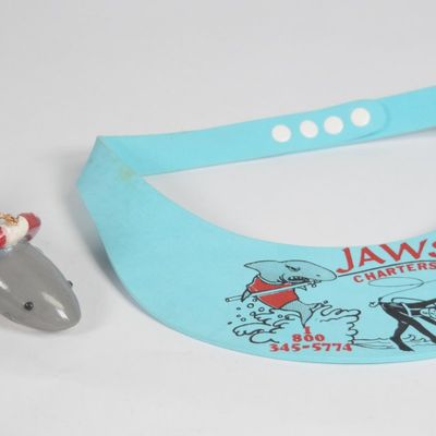 2 Shark Souvenirs Including an Ornament and Jaws Charters Foam Visor