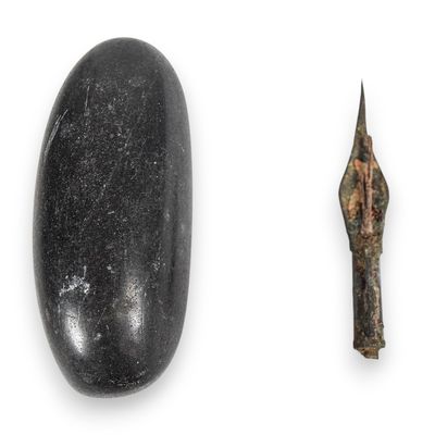 Two Ancient Tools Including a Polished Stone Celt and Bronze Spearhead
