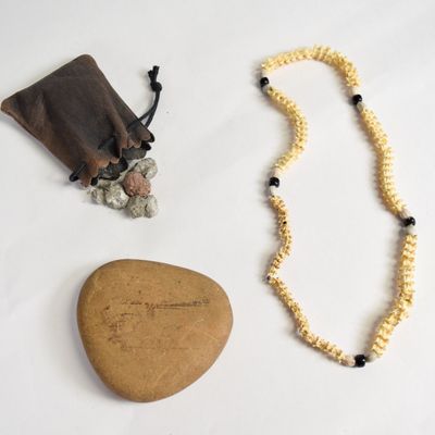 3 Ethnic Artifacts Including Snake Vertebrae Necklace and Stone Grinding Tool