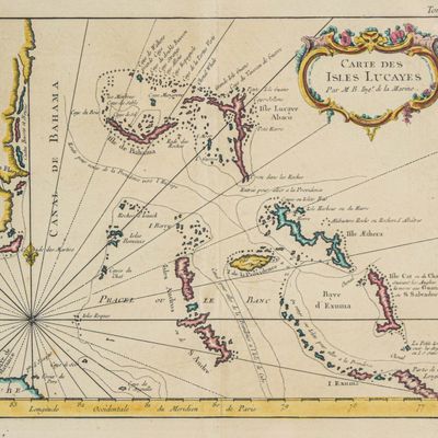 Jacques-Nicolas Bellin Hand-Colored Copperplate Engraving Nautical Map Carte des Isles Lucayes