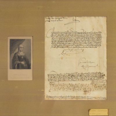 Isabella I of Castile Manuscript Document and Portrait Engraving