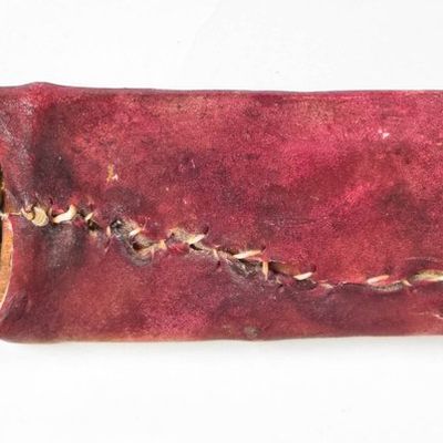Handmade Fixed Blade Knife with Rawhide Wrap and Red Leather Sheath