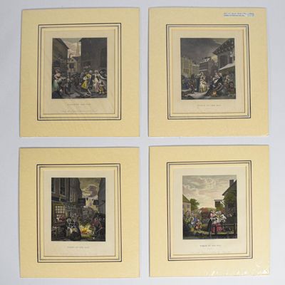 4 After William Hogarth Hand-Colored Engravings Times of the Day