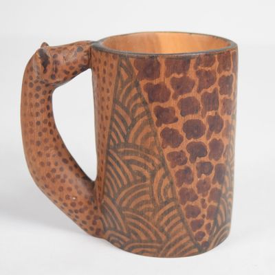 East African Carved Wood Mug with Giraffe Handle