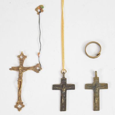 4 Brass and Bronze Religious Items Including 3 Crucifix Pendants and 1 Ring