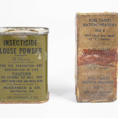 2 WWII US Army Field Supplies Including McCormick Insecticide and Fuel Tablets