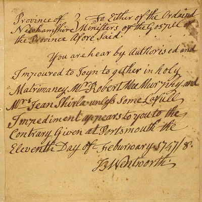 1748 document signed by NH Colonial Governor Benning Wentworth
