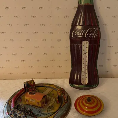 Antique Tin Toys And Coca-Cola Thermometer 