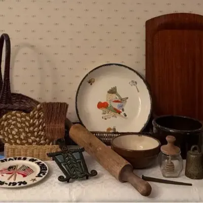 Vintage And Antique Crocks, Baskets, Rolling Bin Ect