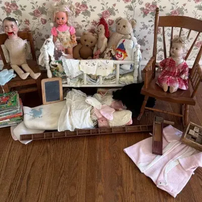Vintage Child’s Chairs, Crib, Dolls, Books & Clothing