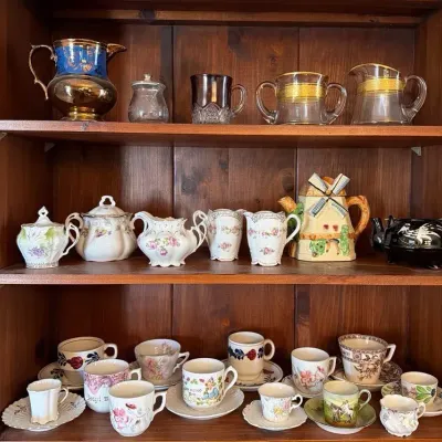 Lot Of Vintage Tea Cups, Tea Kettles And Creamer/Sugar Set