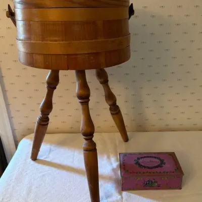 Vintage wooden sewing box stand & Tin With Thread