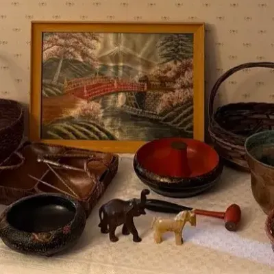 Assorted Vintage Baskets, Nut Caddies & Asian Art