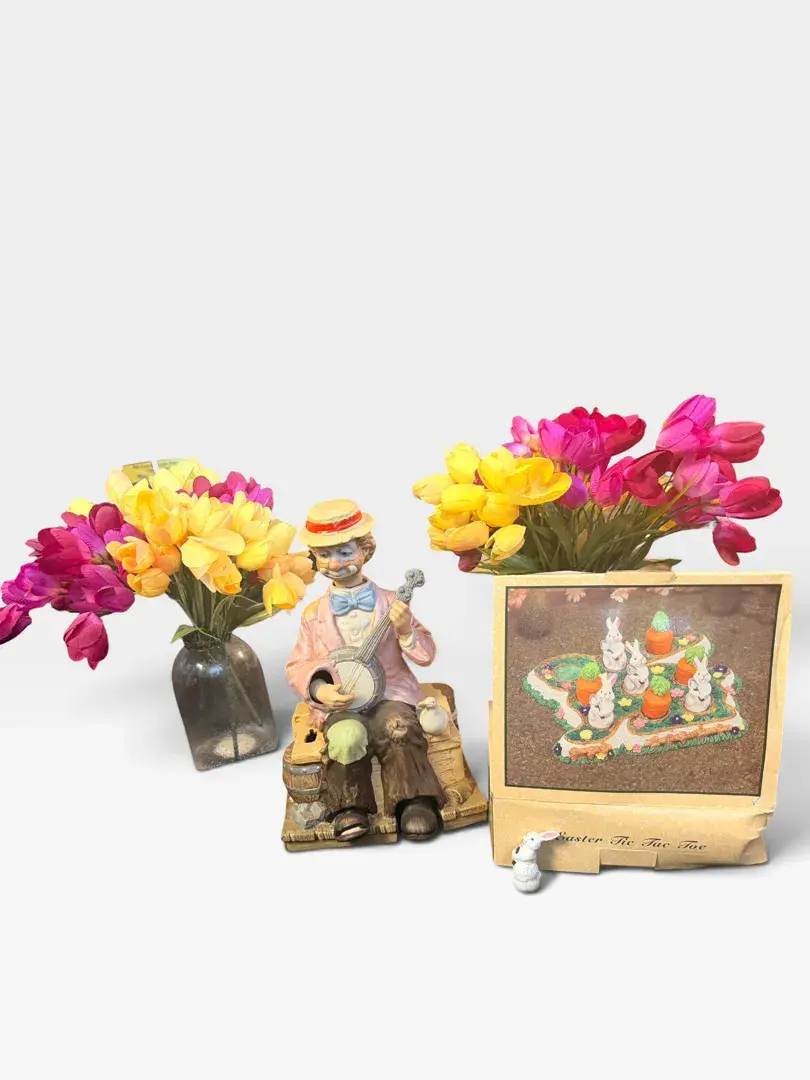 Spring & Easter Décor Lot – Dockside Willie Figurine, Easter Tic Tac Toe & Tulip Arrangements
