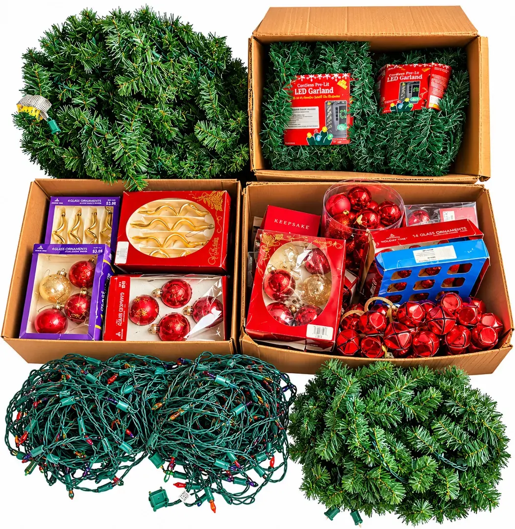 Large Christmas Décor Lot – Pre-Lit Garland, String Lights & Glass Ornaments