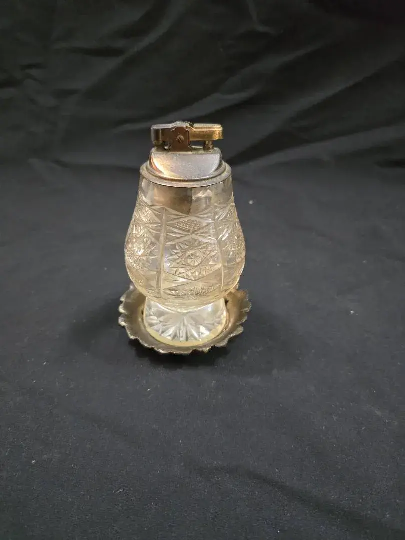Vintage Cut Glass Table Lighter with Scalloped Metal Base Stand - Approx 5.5" Tall