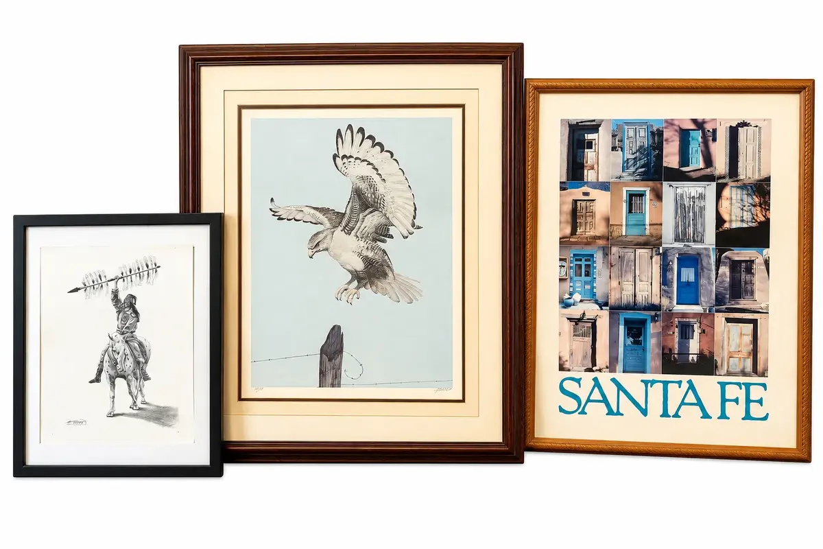 Trio of Framed Southwestern & Wildlife Art – Santa Fe, Eagle & Native American Rider