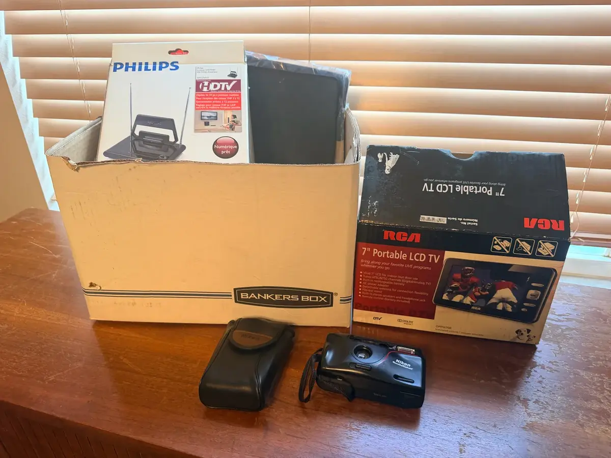 Vintage Electronics & Computer Accessories Lot – RCA Portable TV, Nikon Camera, Philips Antenna & HP