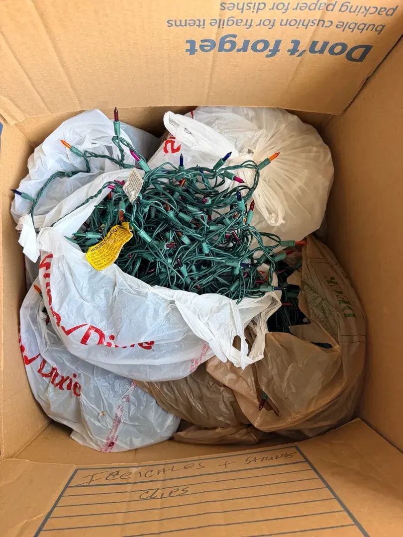 Large Lot of Christmas Lights, Extension Cords & Philips Colored LED Flood Bulbs