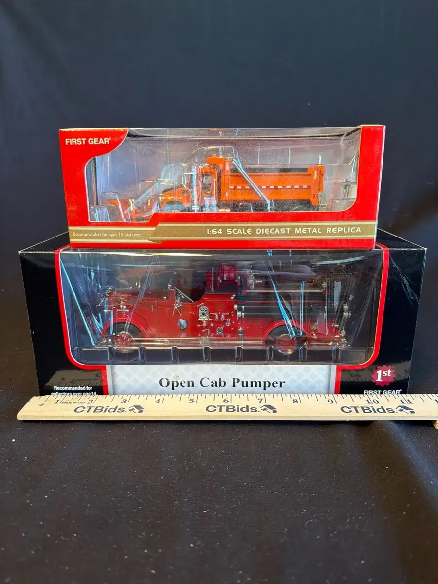 Lot of 2 First Gear Die-Cast Trucks – Open Cab Fire Pumper & Dump Truck