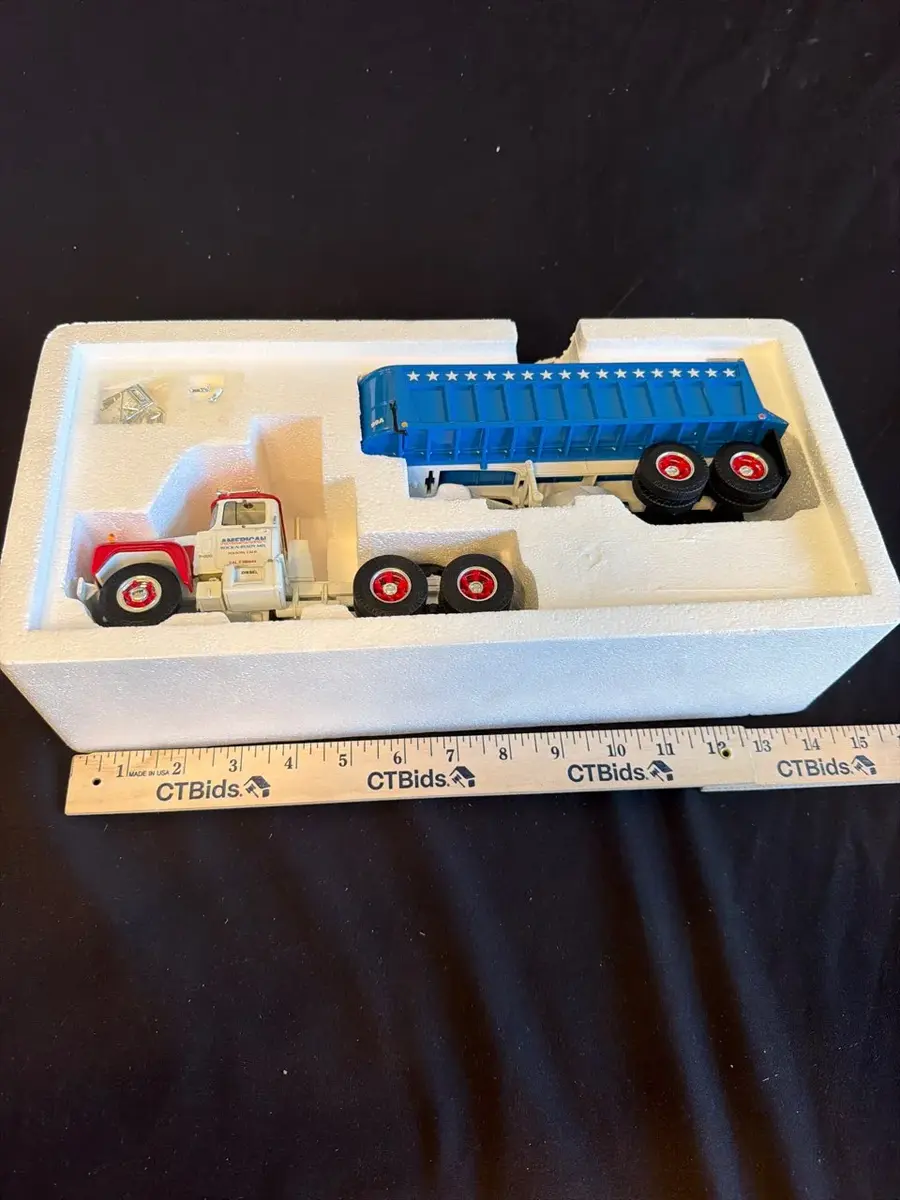 First Gear Mack R-Model Tractor with Dump Trailer – Red, White & Blue Die-Cast Model