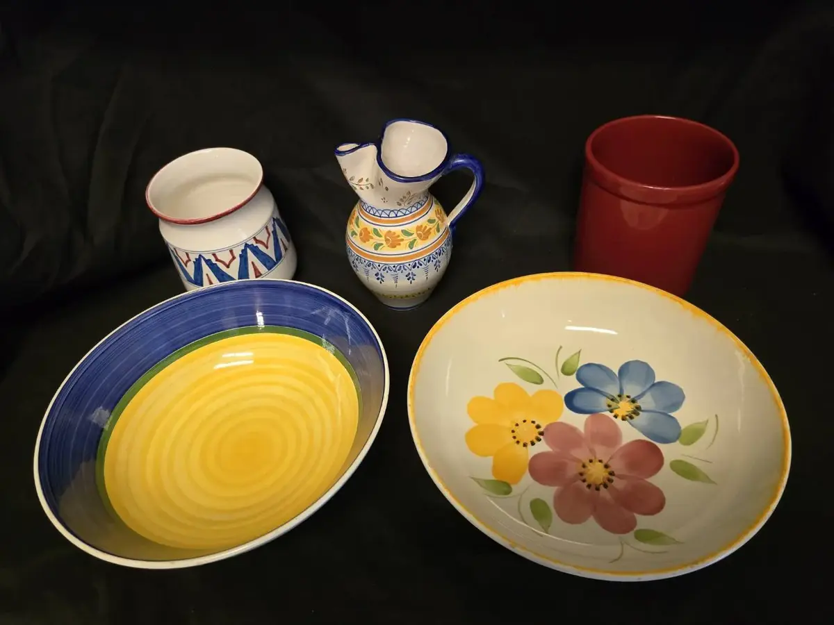 Assorted Hand-Painted Ceramic Kitchenware & Decor - Bowls, Pitcher, Crocks (5 Pieces)
