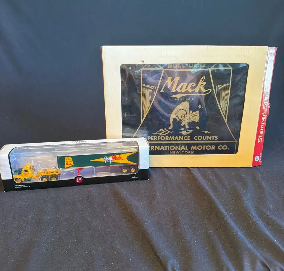 Mack Truck Collectibles Lot – First Gear 1:64 Semi & Stamped Metal Mack Sign